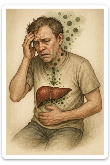 "Man feeling increasingly unwell as his liver fails to filter toxins, nausea, tiredness, and weakness overwhelming him as toxins infiltrate his brain causing confusion and irritability Parasitic Infection: Causes, Symptoms & Treatment, expression of mental fog and physical exhaustion, liver shown as overworked organ with reduced filtration capacity, toxic buildup affecting entire body systems" in italiano sticker