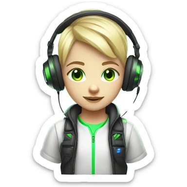 Blonde Short hair Gamer kid with green eyes with headset and gamepad with neon Lighting sticker