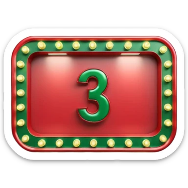 A 3D number 3 in a movie theater setting, shiny red surface; bright string lights on the number, the border is green with tiny string lights like stroke ; cinematic glow with subtle haze; glossy, premium Hollywood countdown look; centered composition. sticker