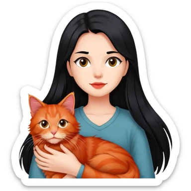 Une fille au cheveux long lisse et noir portant un chat type Maine coon de couleur roux  sticker