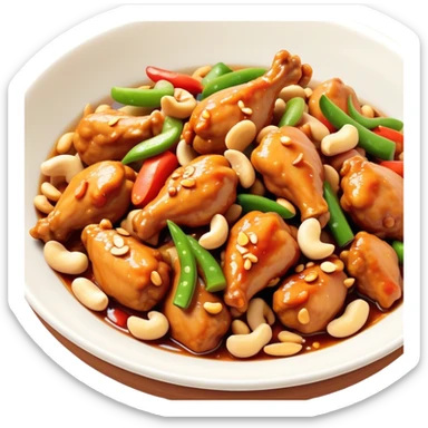 Cinematic Realistic Kung Pao Chicken Dish Emoji, showcasing spicy, stir‚Äêfried chicken with peanuts and vegetables rendered with dynamic textures and vibrant lighting. sticker