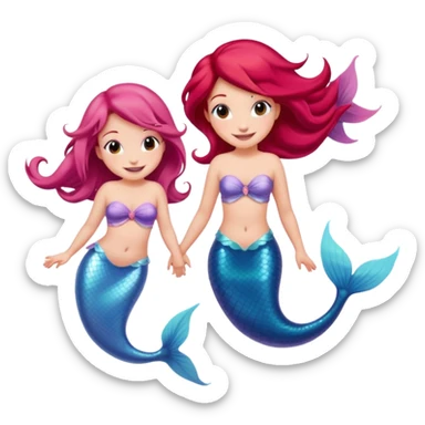 Cute iOS-style emoji of a pastel pink dolphin and a red-haired mermaid, smiling at each other. 
Simple vector emoji design, bold outlines, soft gradients, glossy look, centered, white background. sticker