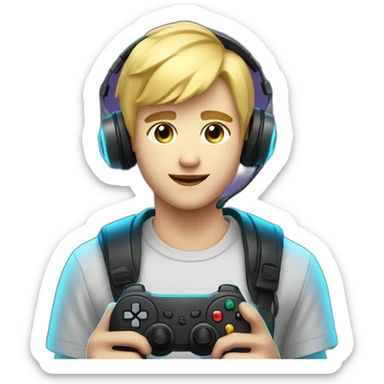 Blonde Short hair Gamer guy with headset and gamepad with neon Lighting sticker