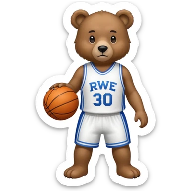 Bear with full body and wearing basketball white  jersey that says RWE  sticker