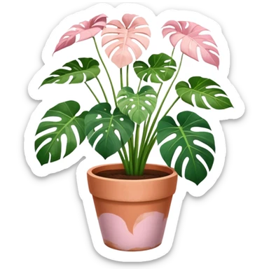 monstera plant in a plant pot in terra cota with white and pink flowers hand painted on the pot  sticker