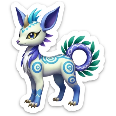 Tropical Tiny Marked Patterned Tribal Colorful Skilled Adept Graceful Asian Painted Garurumon-Meloetta-Absol-Suicune-Cobalion-fusion-hybrid-creature (full body) sticker