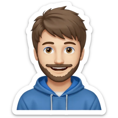 20 year old man, short scruffy beard and thin moustache, brown puffy mullet, blue eyes, big smile, white teeth, big lips, pronounced jaw, hair longer in back, sticking up on top, thin face, grey hooded sweatshirt, blue eyes sticker