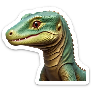 Cinematic Realistic Cute Komodo Dragon Portrait Emoji, Head tilted playfully and inquisitively, featuring a compact, robust build with finely detailed, textured scales in natural earthy hues and a characteristically alert face with bright, curious eyes, rendered with lifelike clarity, high shine, affectionate and surprisingly endearing, styled with a touch of wild charm, soft glowing outline, capturing the essence of a mischievous yet lovable Komodo dragon that seems poised to inch its way out of the screen into your arms! sticker