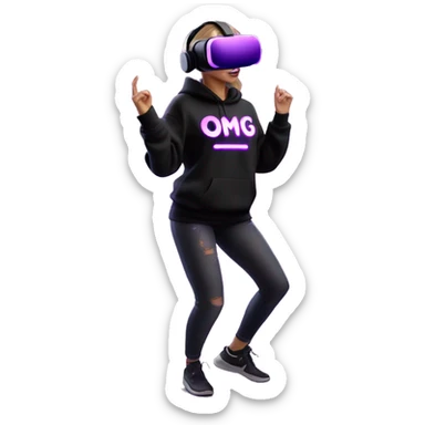 Russian girl wearing black hoody with violet letters "OMG", in vr headset oculus quest2. Dancing. Cyberpunk style. Violet neon. sticker