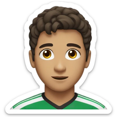 Teenage boy with short dark brown hair and dark brown eyes wearing a soccer jersey sticker