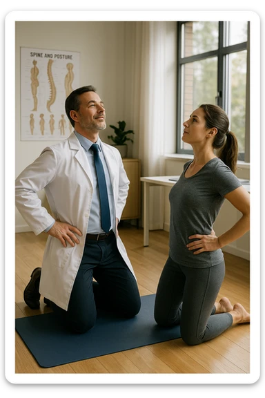 A realistic, cinematic illustration of a professional doctor in a white coat inside a bright, modern medical office, demonstrating a simple stretching exercise to a patient for improving posture. The doctor, calm and encouraging, shows a gentle spinal extension stretch while explaining its benefits for posture and spinal health, with an anatomical poster of the spine and posture alignment in the background. The scene includes a yoga mat, clean wooden floors, and natural light streaming through large windows, creating a warm, health-focused atmosphere. The patient, in comfortable activewear, watches and mirrors the stretch, emphasizing the preventive and therapeutic role of stretching for posture correction under medical guidanc sticker