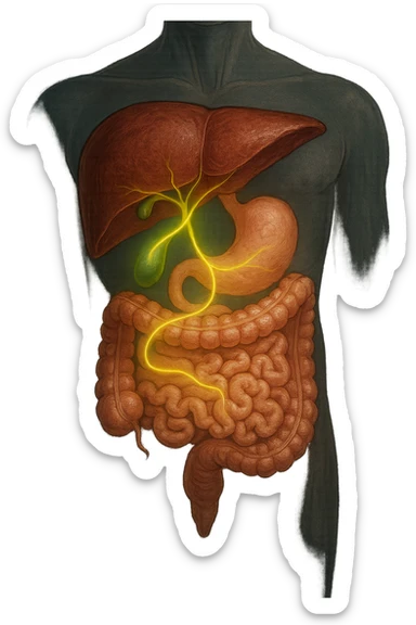 A detailed anatomical illustration-style image focusing on the human torso, highlighting the liver, gallbladder (cistifellea), and intestines. The organs are shown with realistic textures and colors: the liver in deep reddish-brown, the gallbladder as a small greenish sac tucked under the liver, and the intestines in soft pinkish hues. Connecting these organs are glowing, semi-transparent lines or light trails in vibrant colors (e.g., bright yellow or green) that visually trace the functional and physiological links between them. The lines flow smoothly from the liver to the gallbladder and then down to the intestines, symbolizing bile flow and digestive processes. The background is a subtle dark gradient that enhances the brightness and clarity of the lines and organs. The style is a blend of medical illustration and modern digital art, clear, precise, and visually engaging sticker