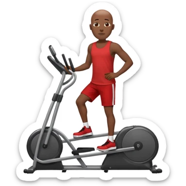 dark skin bald African American man on elliptical machine with red tank shirt and black shorts sticker