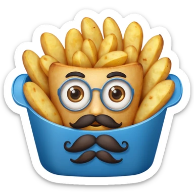 fried potatoes with eyes and mustache, in a blue carton  sticker