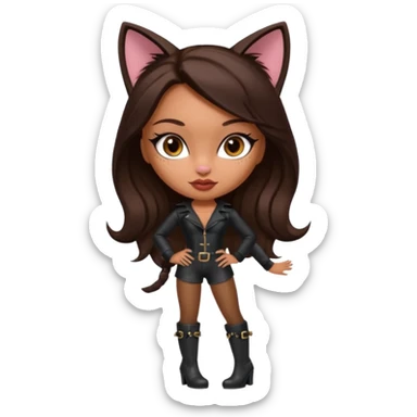 A sexy, super pretty bratz girl with caramel skin. Dark brown hair and brown eyes. She has freckles. Wearing sexy makeup. Dressed as a sexy cat with tall black boots on sticker