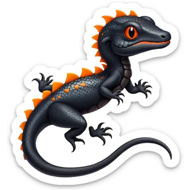 A black Salandit-newt-hybrid-Fakémon-creature with orange belly sticker