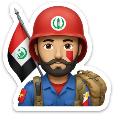 A tired and sad, swarthy Iraqi soldier with a beard, an Iraqi flag on his helmet, a sad expression and bags under his eyes sticker