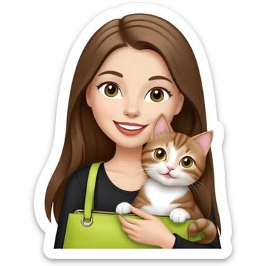 White Woman with VERY long straight brown hair, rosy lips and cheeks, big chartreuse eyes, cute happy big smile holding a white and brown tabby kitten, wearing a black purse sticker