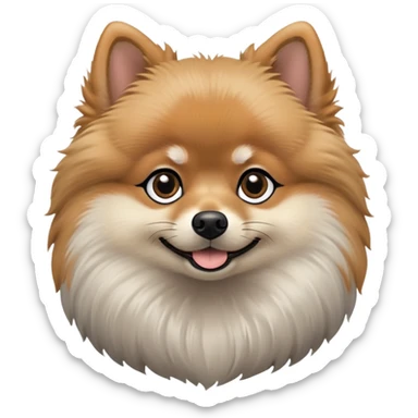 fluffy black and tan Pomeranian dog face, large round dark eyes, small black button nose, soft tan muzzle with subtle smile, two tan eyebrow spots, curious and alert expression, thick fluffy ruff of fur blending black, tan, and light gray, upright triangular ears with gray tips, friendly and cute sticker