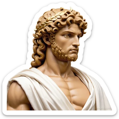 Cinematic Realistic Hercules Portrait, depicted as a classical Greek hero merging the fierce masculinity of Hercules with the refined face of Michelangelo's David. His light tan, chiseled skin glows with timeless strength, and his thick, curly, golden brown hair cascades in natural, sculpted curls reminiscent of a warrior’s mane. Draped in a flowing white robe with delicate golden accents and crowned with a traditional Greek laurel wreath, his intense, determined eyes exude noble might, all rendered under dynamic natural lighting with a mythic, radiant glow. sticker