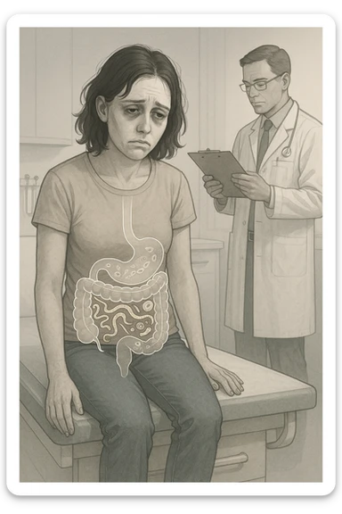 a woman in her 30s sits slumped on a doctor’s examination table, her face pale and eyes sunken with deep fatigue. A transparent overlay on her abdomen reveals stylized images of internal parasites, such as worms or protozoa, inside her digestive tract. The doctor stands nearby, reviewing medical charts. The mood is clinical and educational. sticker