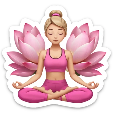 white woman with neat ponytail hairstyle, sitting in lotus position, meditating with closed eyes and serene expression, wearing pink yoga outfit sticker