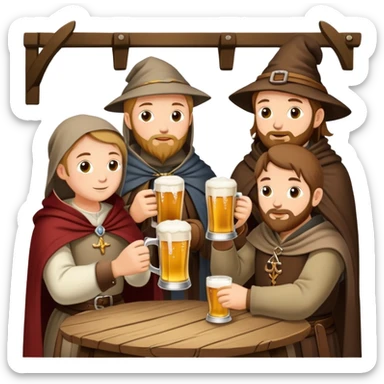 medieval pilgrims with cloaks drinking beer at a tavern sticker