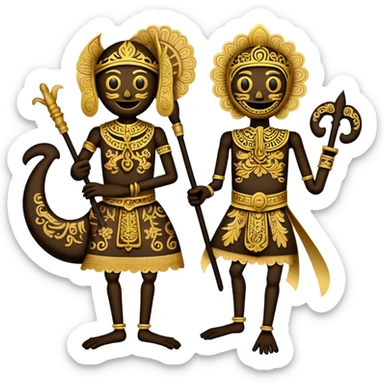 Cinematic Realistic Wayang Kulit Emoji, depicted as an intricate shadow puppet with detailed cut-out figures and traditional patterns, rendered with crisp textures and dynamic cultural lighting that captures its ancient artistry. sticker