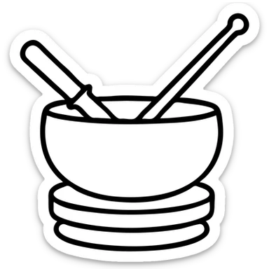 Make the green crystal singing bowl with mallet even more minimal, reduce details, keep only essential shapes, no background, in an outlined icon style with no fill. sticker