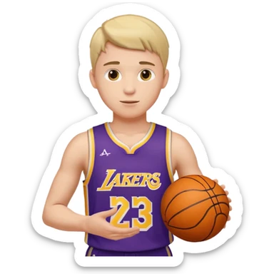 Joven con color de piel claro con uniforme de basquetball laker sosteniendo una pelota de basquet sticker