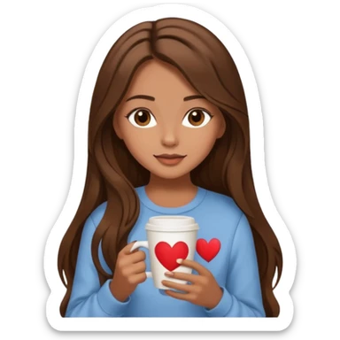Un emoji de una chica con el pelo castaño y largo y suelto así como vestida como una that Girl y un café con dibujo de corazón y una cama aesthetic modo vida perfecta sticker