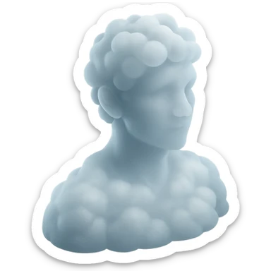 person looking straight, composed entirely of white fluffy convex clouds, shoulder up, matte glass style sticker