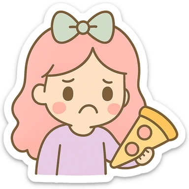 Make the girl look disgusted, holding the pizza away from her, in the same kawaii chibi anime style with flat pastel colors, thick outlines, and simple cute features. Keep the background transparent. sticker