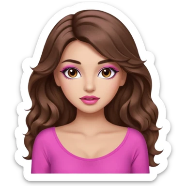 girl with long wavy brown hair, brown eyes, long lashes makeup, sexy pink lips, light to medium complexion, pink sexy top, I don't know sticker