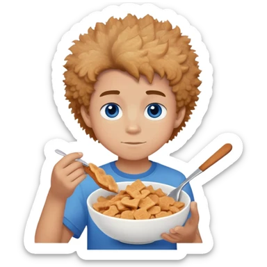 An 11 year old boy with fluffy hair low taper fade and blue eyes with a bowl of cinnamon toast crunch  sticker