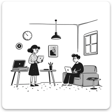 A mid-century modern living room with two people working on laptops — a woman standing working on the laptop and a man sitting on a couch with a laptop. The room has visible floor and two walls forming a corner, large window, modern pendant lamp, turntable, vinyl record stand, retro posters sticker