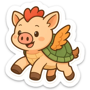 hybrid animal with a pig's snout, chicken wings, turtle shell, and horse legs, in a playful style, cartoonish, colorful, playful sticker