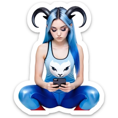 Disapponted-big tears-head back texting on phone-very very large upper body-sexy face-bending forward at waist-very long very straight dark blue to light blue ombre hair-and-blue eyes-thick black eyeliner-cute goat horns-iridescent blue lowcut tanktop with black leggings with glitter superman logo sticker
