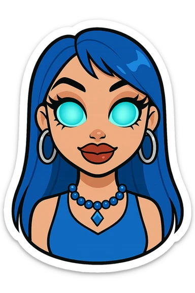 Make her look nice and cute, but with slightly scary eyes, keep gyaru style, blue hair, pretty makeup, bratz baddie style, emoji style, with no background. sticker