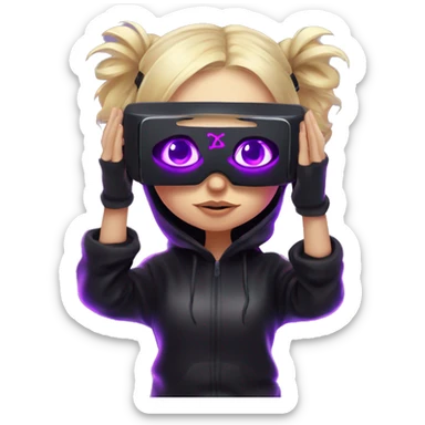 Russian cute blond student girl wearing black hoody with violet letters "OMG", in vr headset. No eyes. Cyberpunk style. Violet neon. sticker