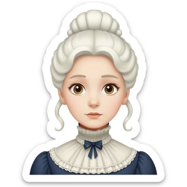 Victorian woman with white coiffed hair, modest turtleneck Victorian dress, and an awestruck expression sticker