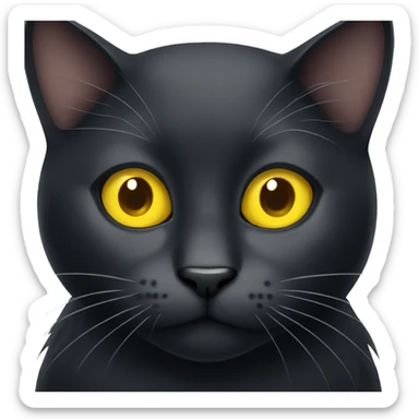 A black cat with yellow eyes and a white mustache sticker