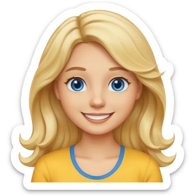 Create a custom emoji-style character inspired by a smiling woman with long, wavy blonde hair, light skin tone, and blue eyes. Emphasize a friendly, approachable expression with a bright smile and soft features. sticker