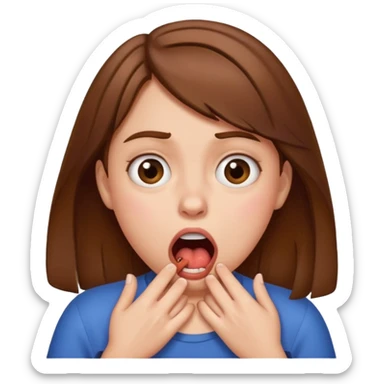 A girl with brown hair chocking herself with funny face sticker