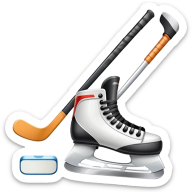 Please, make An icon featuring close-up shots of key hockey equipment: a hockey stick, puck, and skates. The background shows a packed stadium with cheering fans, bright arena lights, and an icy rink. Transparent background highlights the essentials of the game and the thrill of the sport. sticker