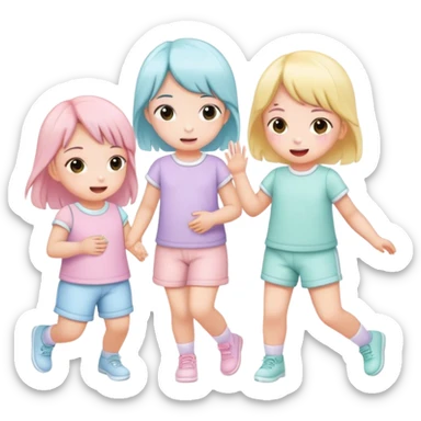 children in pastel clothes play sticker
