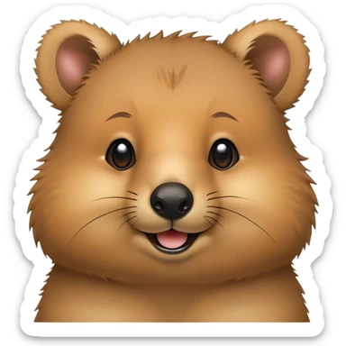 Cinematic Cute Quokka Portrait Emoji, Head tilted playfully and inquisitively, featuring a fluffy, round face with a naturally cheerful grin and bright, sparkling eyes full of playful curiosity, Simplified yet irresistibly adorable features, highly detailed, glowing with a warm, friendly glow, high shine, affectionate and spirited, stylized with a touch of Aussie whimsy, bright and endearing, soft glowing outline, capturing the essence of a mischievous yet loving quokka, so playful it feels like it could scamper out of the screen and into your arms! sticker