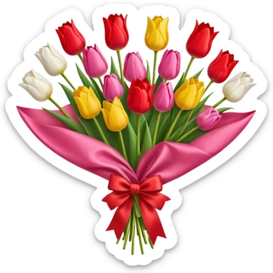 bouquet of many tulip with bow and yellow wrapping paper sticker