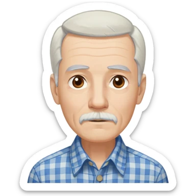 Thin elderly man with light skin. Elongated face with kind expression. Light brown eyes. Thin eyebrows. White goatee and white mustache. Very long, straight fine gray-white hair that reaches shoulders, with some bangs. Slim build. Wearing a blue and beige checkered button-up shirt. sticker