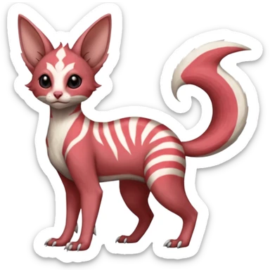 Minccino-Lykoi-Emolga-Sphynx--Zangoose-fusion-hybrid-animal-Fakémon-creature, full body, thin long sleek scaly tail, intricate markings sticker